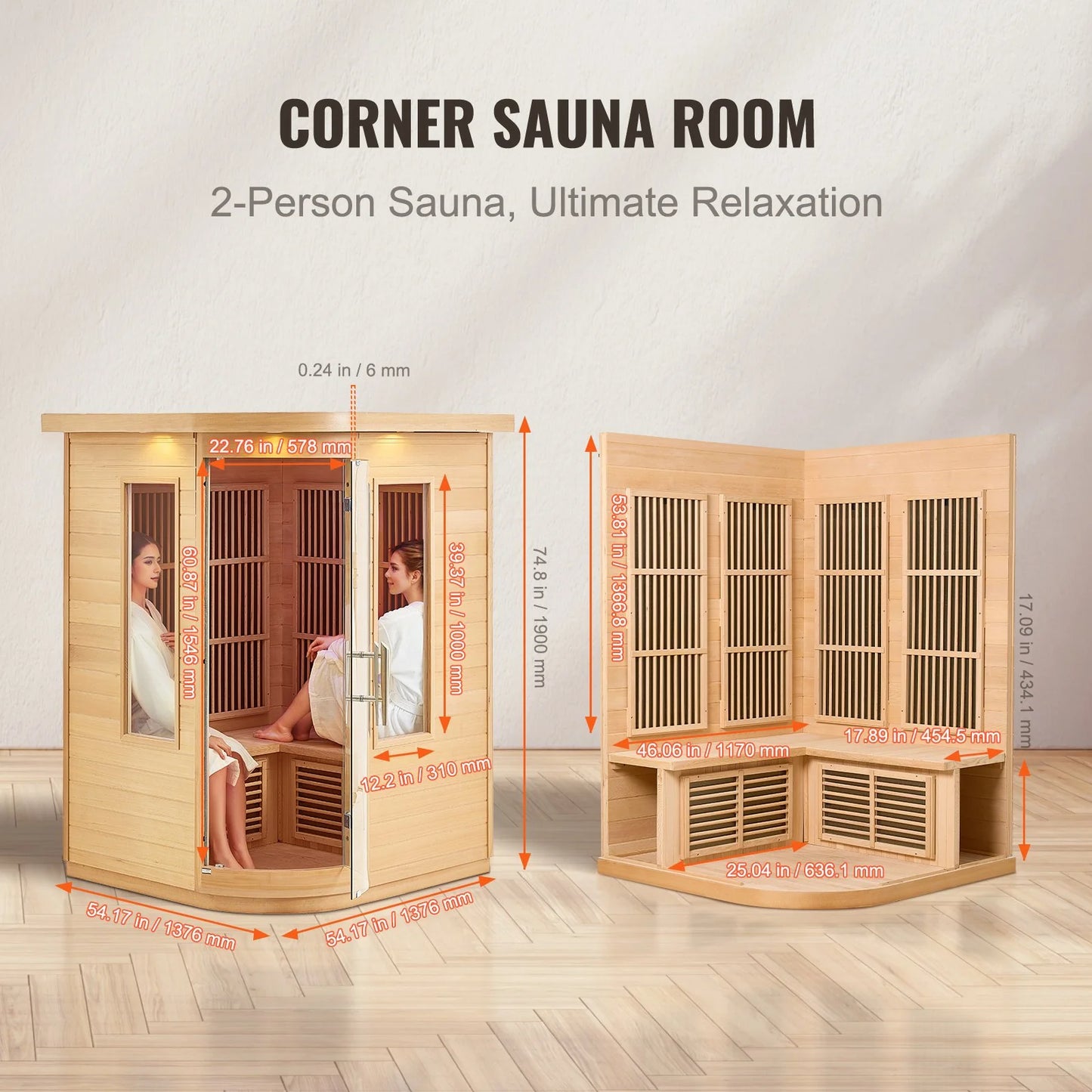 VEVOR Far Infrared Wooden Sauna Room Home Sauna Spa for 2 Person 1850W