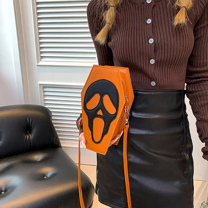 Halloween Coffin-Shape Shoulder Bag Gothic Ghost Spider Web Messenger Crossbody Bag Kids Personality Phone Bag for Women