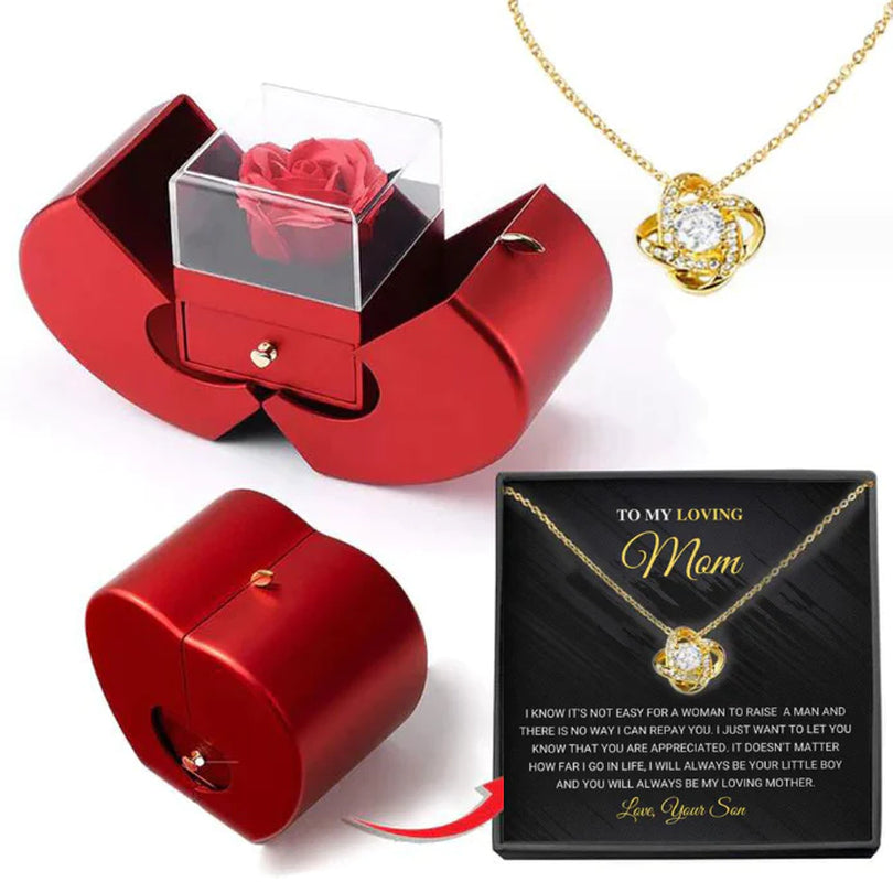 Fashion Jewelry Box Red Apple Christmas Gift Necklace Eternal Rose for Girl Mother'S Day Valentine'S Day Gifts with Artificial Flower Rose Flower Jewelry Box