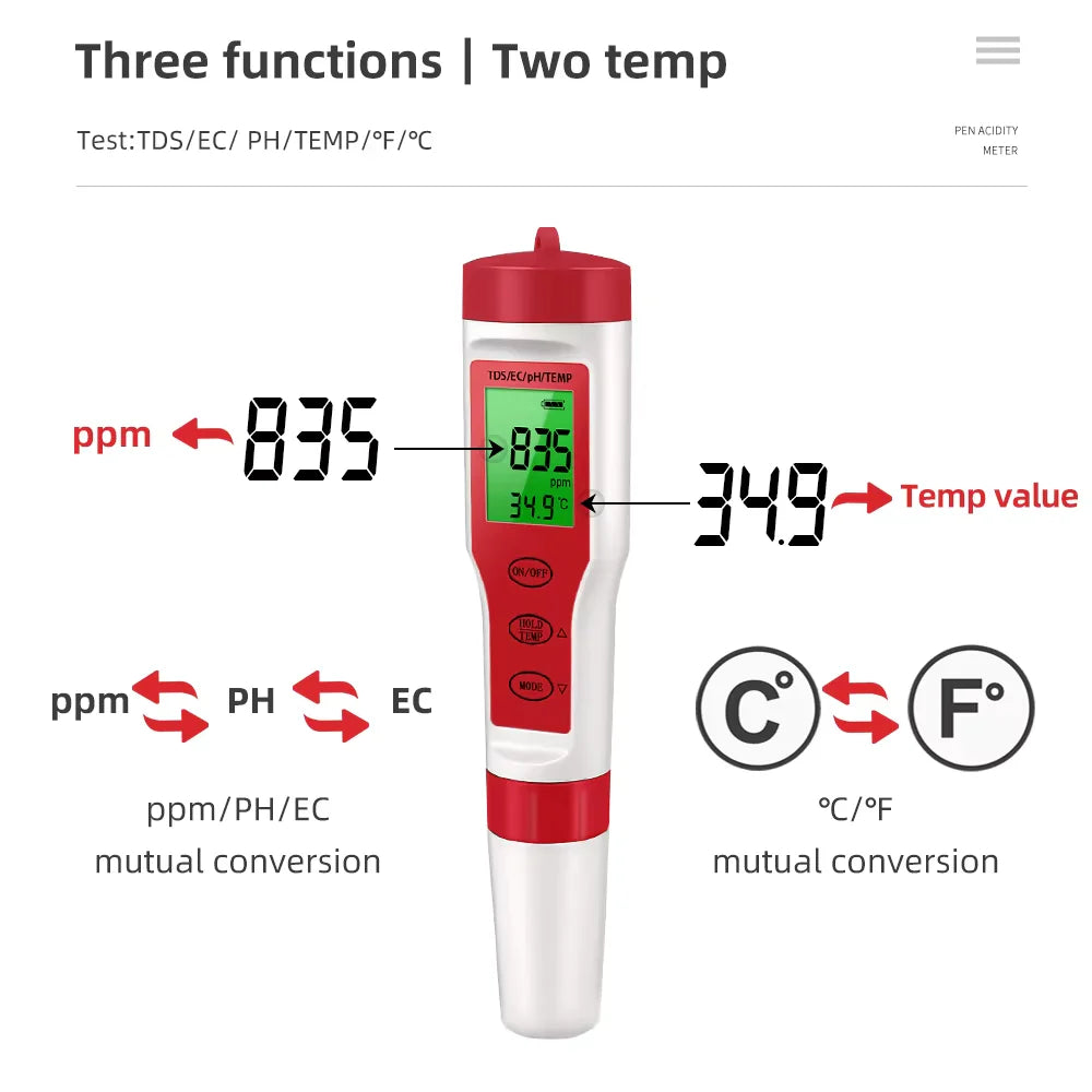 4 in 1 Digital PH EC Meter LCD Tester Pocket Hydroponics Aquarium Water Test Pen