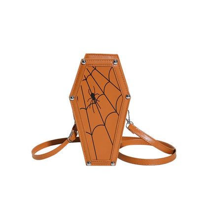 Halloween Coffin-Shape Shoulder Bag Gothic Ghost Spider Web Messenger Crossbody Bag Kids Personality Phone Bag for Women