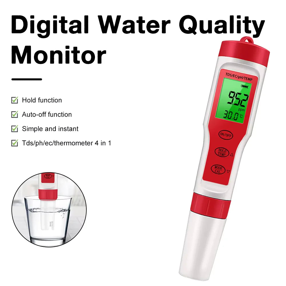 4 in 1 Digital PH EC Meter LCD Tester Pocket Hydroponics Aquarium Water Test Pen