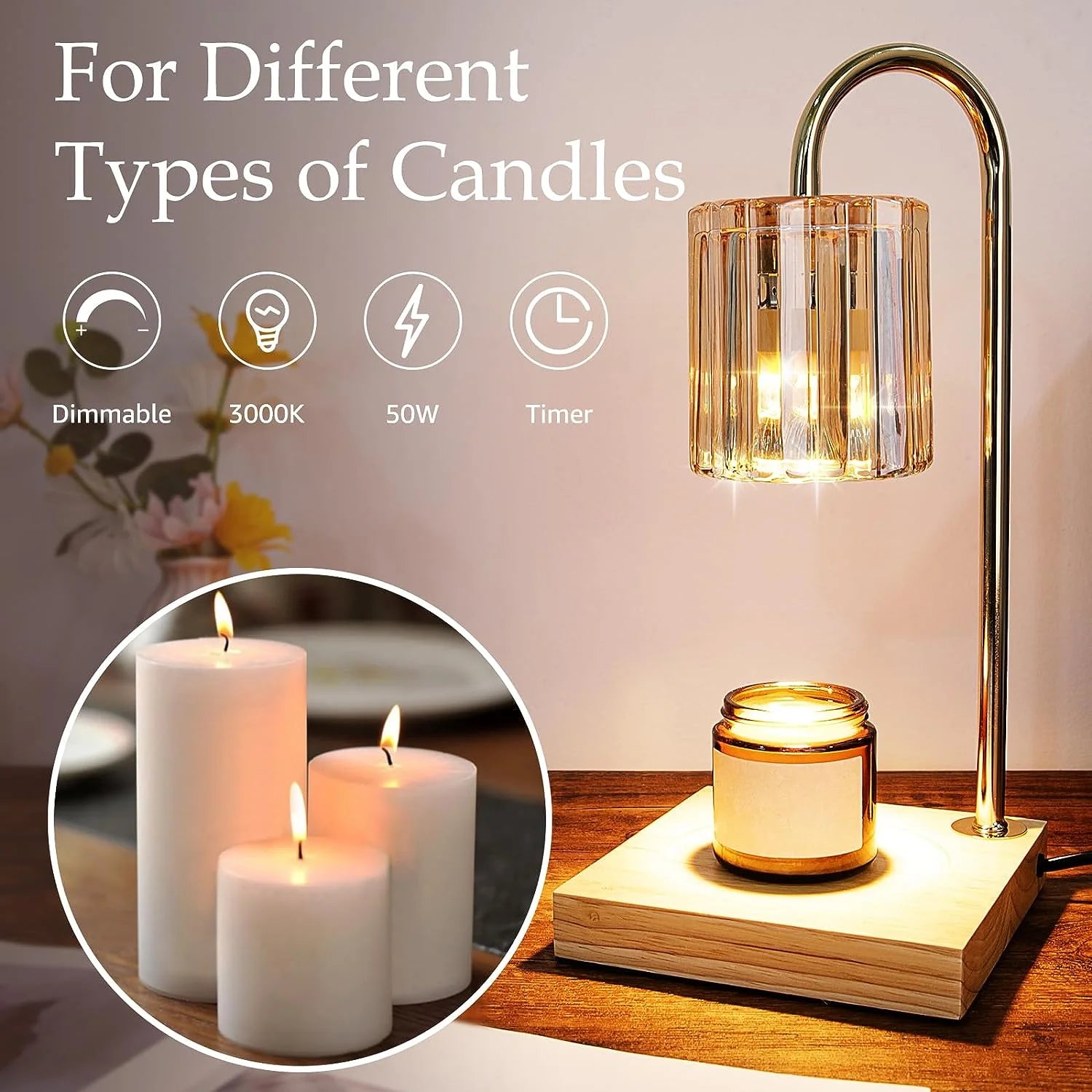 Candle Warmer Lamp as a Present with Timer & Dimmer,Mothers Day Gifts for Mom Electric Candle Melter Top Melting, Crystal Glass Candle Heater Lamp for Scented Wax with 2 Bulbs