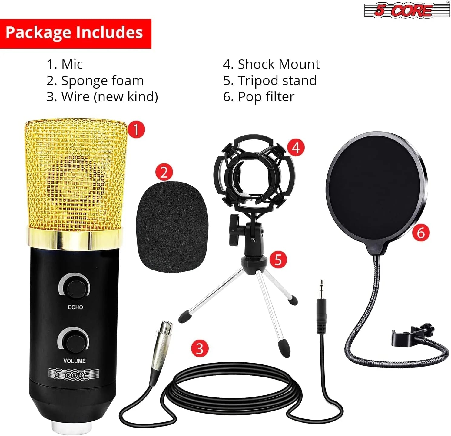 5Core Recording Microphone Podcast Bundle Professional Condenser Cardioid Mic Kit W Boom Arm